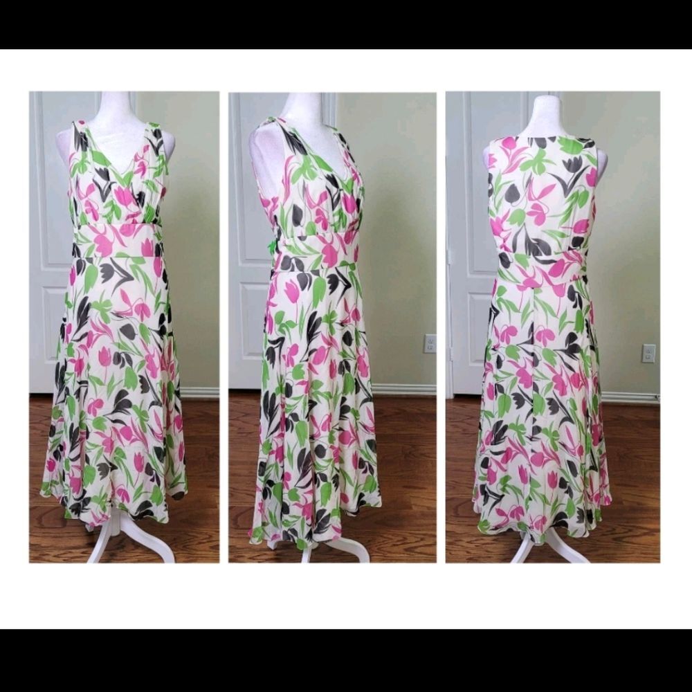 Vintage Talbots Pure Silk Slip Maxi Dress Pink Floral 12 Wedding Guest Old Money